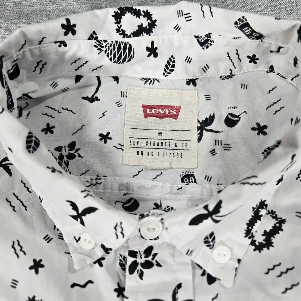 Levi's Men Medium Black White Tiki Resort Hawaiian Tropical Print Short Sleeve